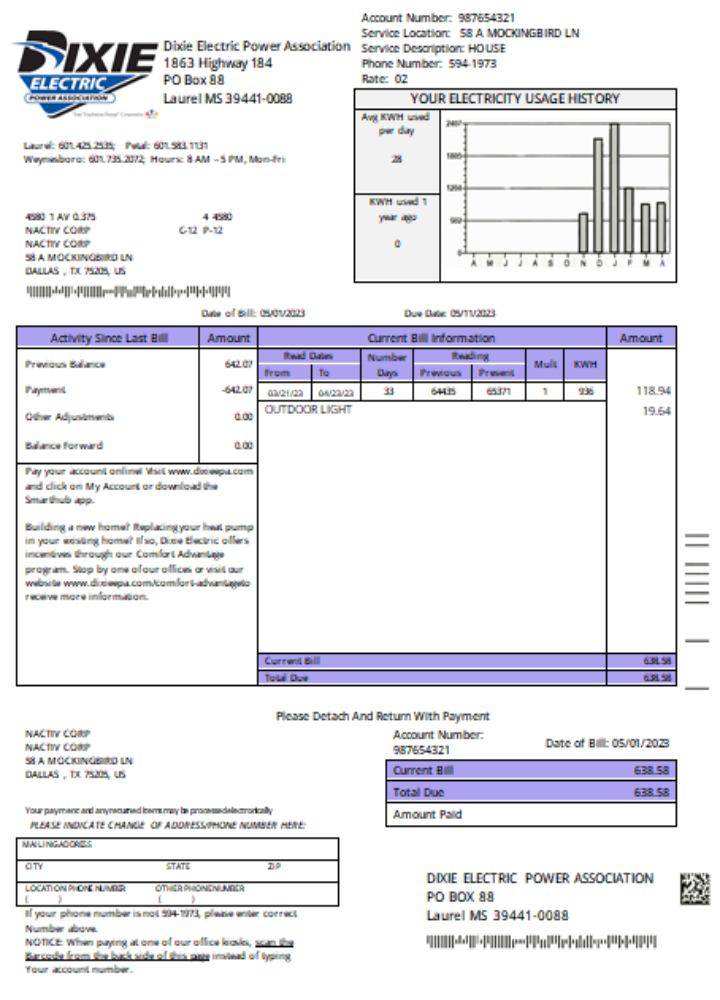 Dixie Electric utility business bill,  SCR PSD template